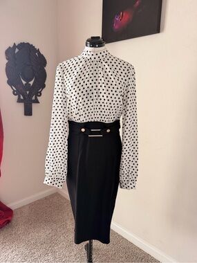 VENUS White and Black Polka Dot Blouse Dress
